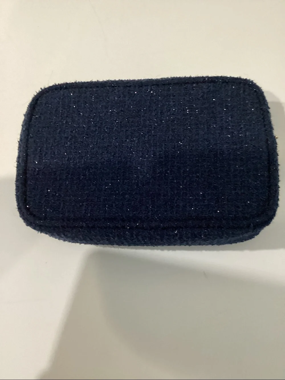 CHANEL Navy Blue Tweed Beaute cosmetic bag with Gold Logo
